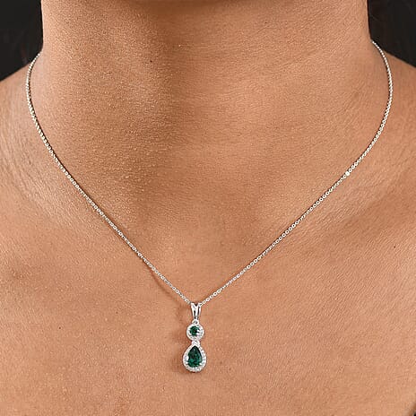 Lab Grown Emerald & White Zircon Pendant with Chain (Size 20) in Rhodium Overlay Sterling Silver 1.27 Ct.