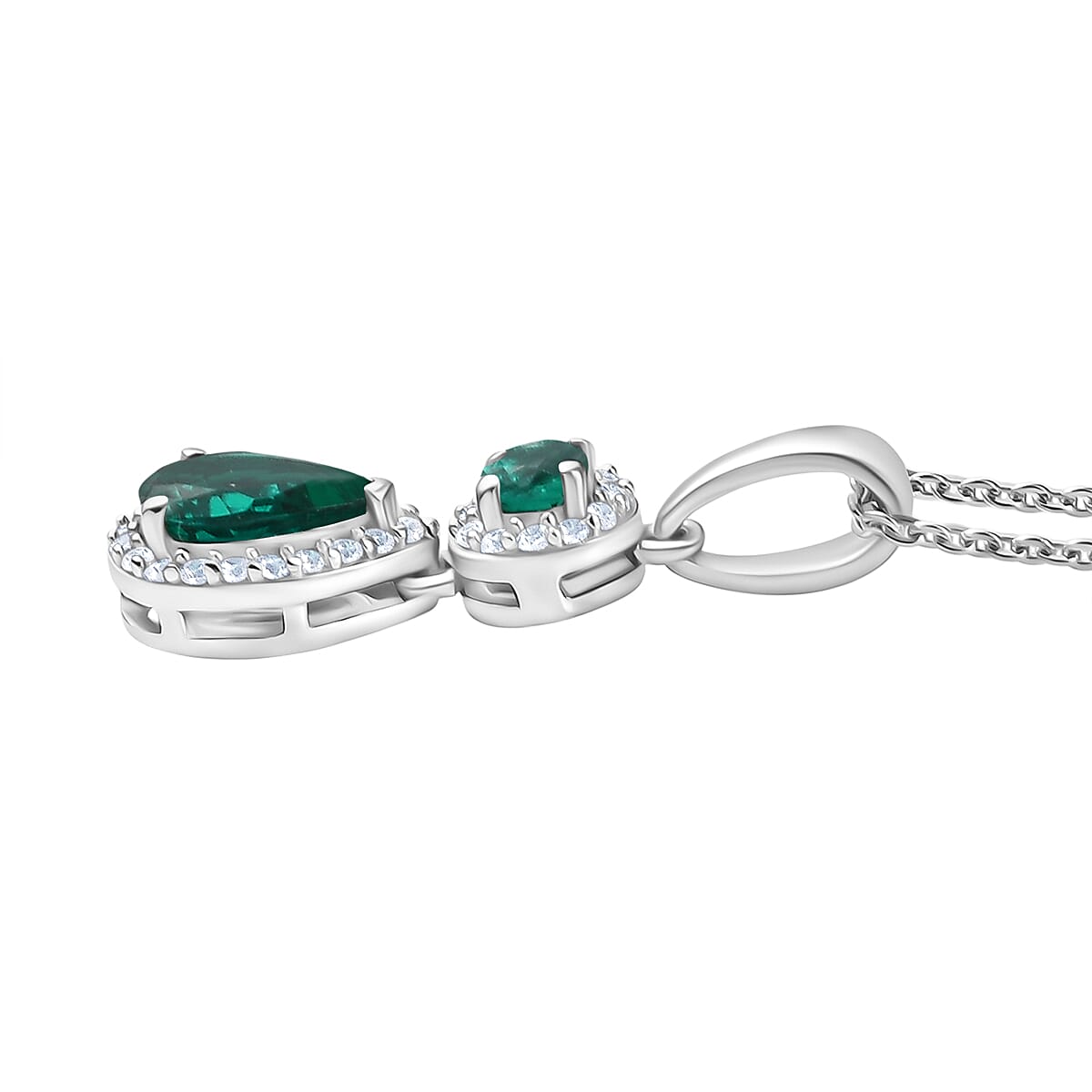 Lab Grown Emerald & White Zircon Pendant with Chain (Size 20) in Rhodium Overlay Sterling Silver 1.27 Ct.