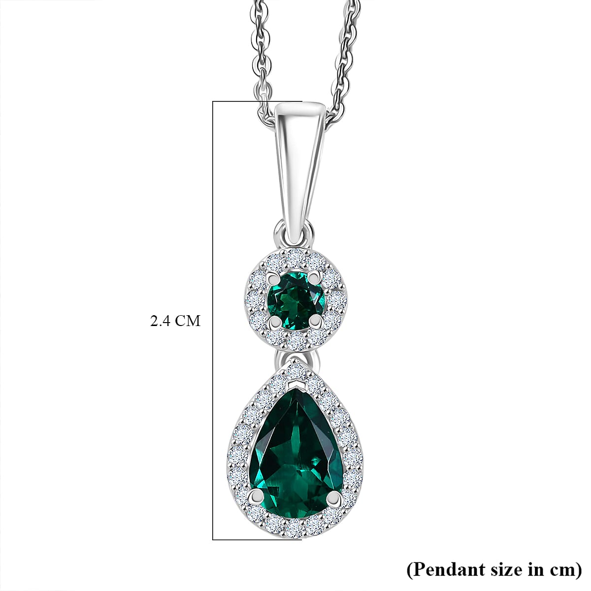 Lab Grown Emerald & White Zircon Pendant with Chain (Size 20) in Rhodium Overlay Sterling Silver 1.27 Ct.