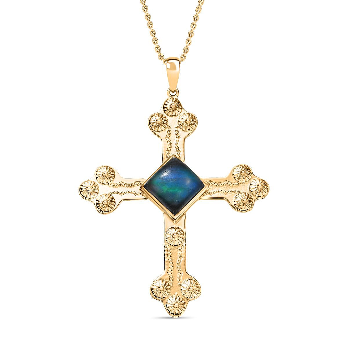 Labradorite Cross Pendant with Chain (Size 20) in Yellow Gold Plated 5.93 Ct.