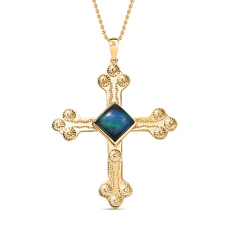 Labradorite Cross Pendant with Chain (Size 20) in Yellow Gold Plated 5.93 Ct.