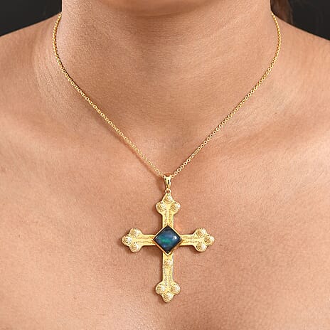 Labradorite Cross Pendant with Chain (Size 20) in Yellow Gold Plated 5.93 Ct.
