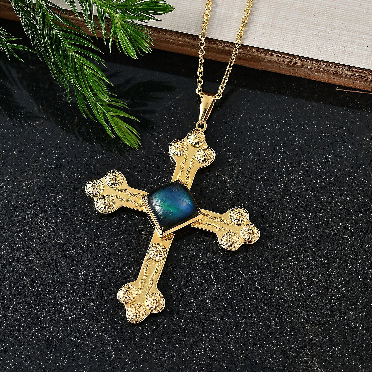Labradorite Cross Pendant with Chain (Size 20) in Yellow Gold Plated 5.93 Ct.