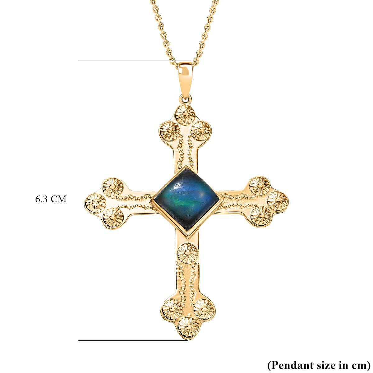 Labradorite Cross Pendant with Chain (Size 20) in Yellow Gold Plated 5.93 Ct.
