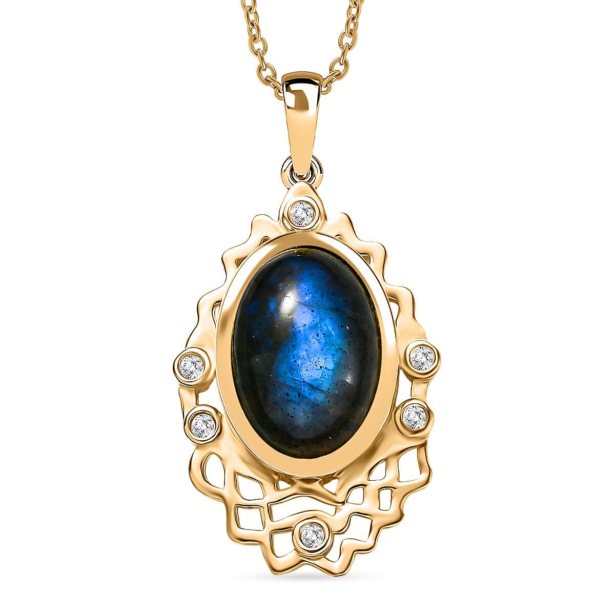 Labradorite & White Zircon Pendant with Chain (Size 20) in Yellow Gold Plated 5.95 Ct.
