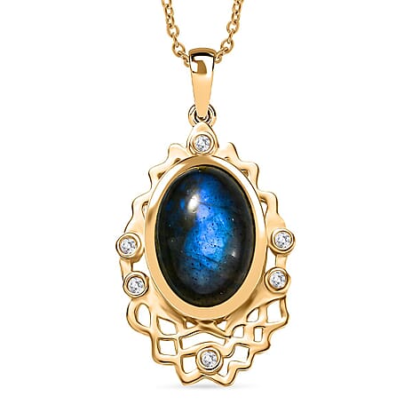 Labradorite & White Zircon Pendant with Chain (Size 20) in Yellow Gold Plated 5.95 Ct.