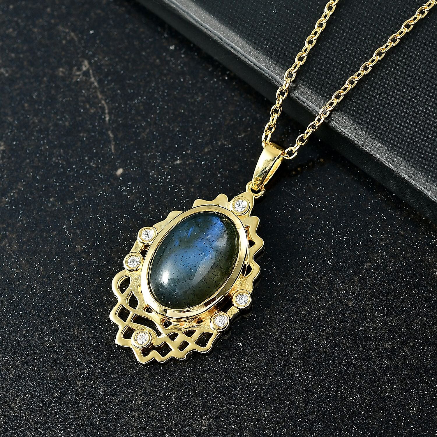 Labradorite & White Zircon Pendant with Chain (Size 20) in Yellow Gold Plated 5.95 Ct.