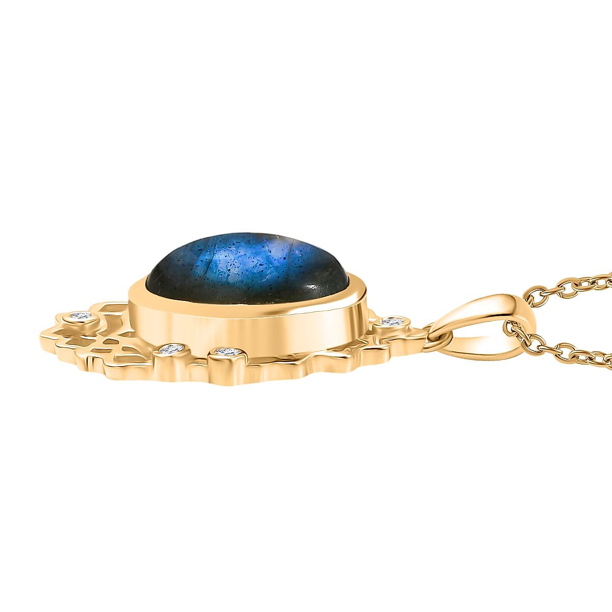 Labradorite & White Zircon Pendant with Chain (Size 20) in Yellow Gold Plated 5.95 Ct.