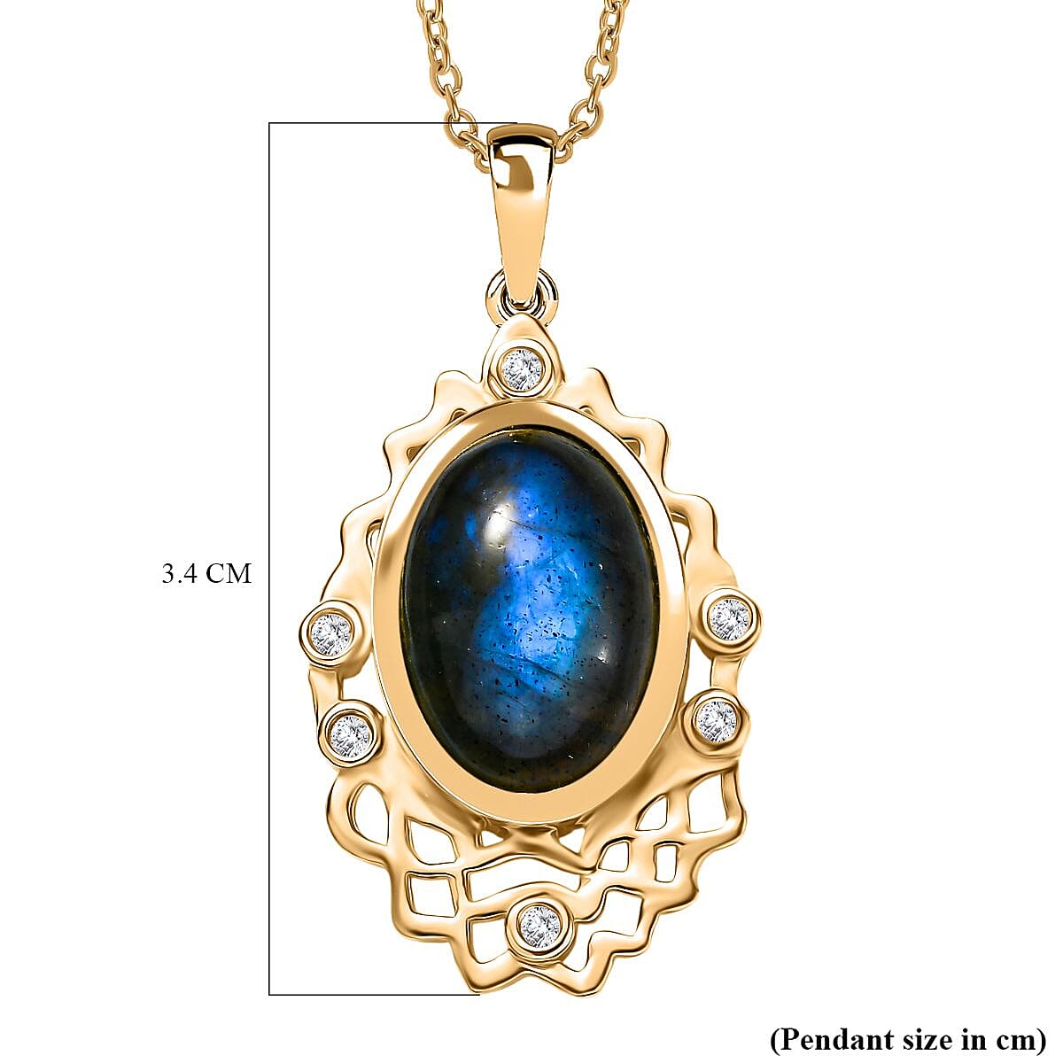 Labradorite & White Zircon Pendant with Chain (Size 20) in Yellow Gold Plated 5.95 Ct.
