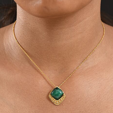 Malachite Pendant with Chain (Size 20) in Yellow Gold Plated 11.11 Ct.