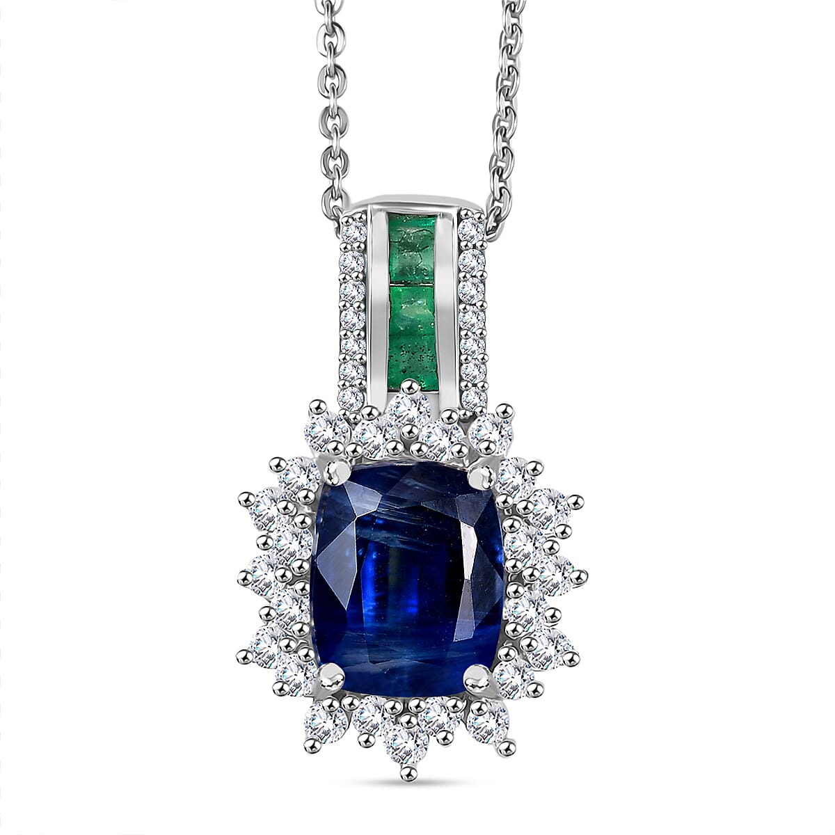 Natural Premium Kashmir Kyanite, Zircon & Zambian Emerald Pendant with Chain (Size 20) in Rhodium Overlay Sterling Silver 2.65 Ct.