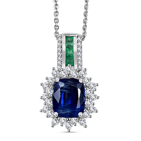 Natural Premium Kashmir Kyanite, Zircon & Zambian Emerald Pendant with Chain (Size 20) in Rhodium Overlay Sterling Silver 2.65 Ct.