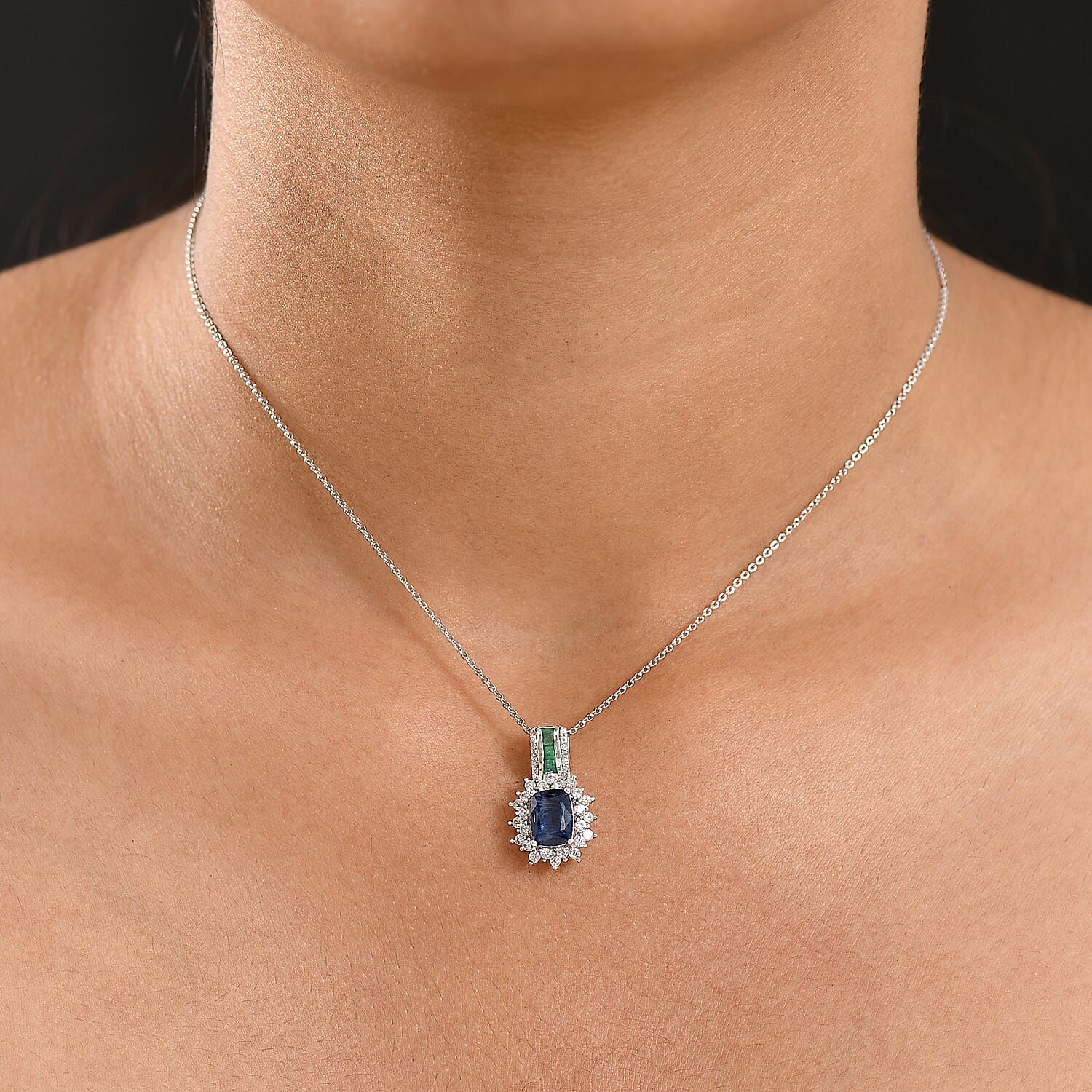 Natural Premium Kashmir Kyanite, Zircon & Zambian Emerald Pendant with Chain (Size 20) in Rhodium Overlay Sterling Silver 2.65 Ct.