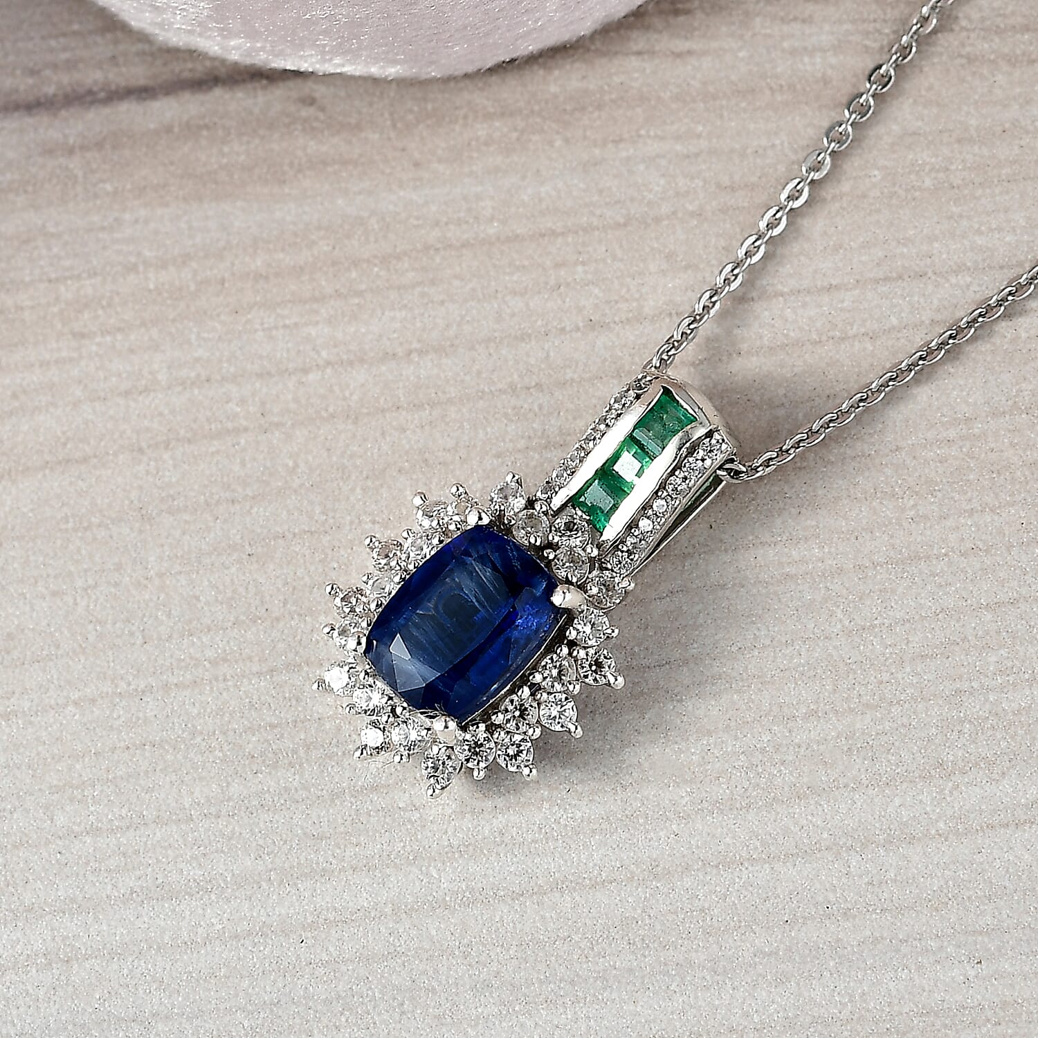 Natural Premium Kashmir Kyanite, Zircon & Zambian Emerald Pendant with Chain (Size 20) in Rhodium Overlay Sterling Silver 2.65 Ct.