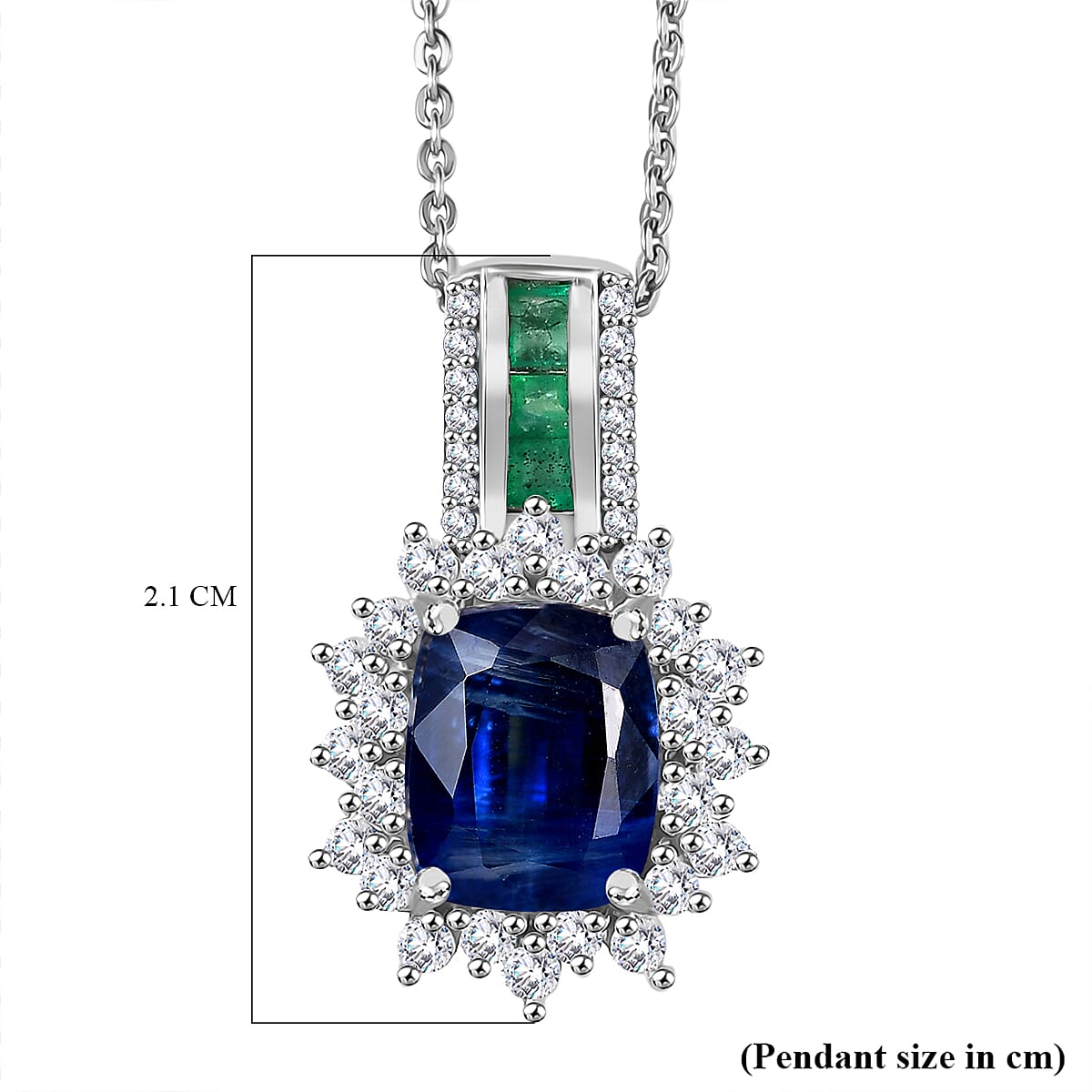 Natural Premium Kashmir Kyanite, Zircon & Zambian Emerald Pendant with Chain (Size 20) in Rhodium Overlay Sterling Silver 2.65 Ct.