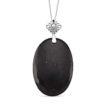 Oval Natural Shungite & Moissanite Pendant with Chain (Size 18) with Lobster Clasp in Rhodium Overlay Sterling Silver 79.76 Ct.