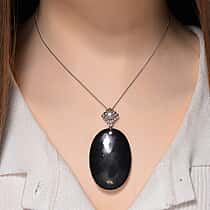Oval Natural Shungite & Moissanite Pendant with Chain (Size 18) with Lobster Clasp in Rhodium Overlay Sterling Silver 79.76 Ct.