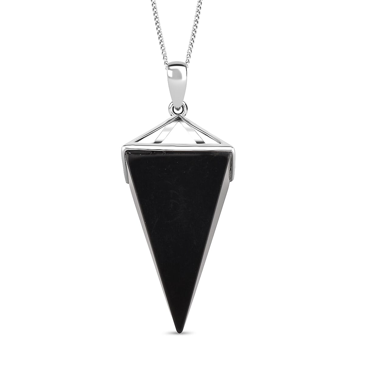 Natural Shungite Pyramid Design Pendant with Chain (Size 18) with Lobster Clasp in Rhodium Overlay Sterling Silver 44.11 Ct.