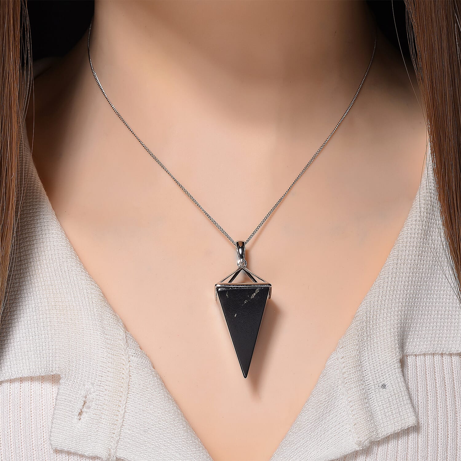 Natural Shungite Pyramid Design Pendant with Chain (Size 18) with Lobster Clasp in Rhodium Overlay Sterling Silver 44.11 Ct.