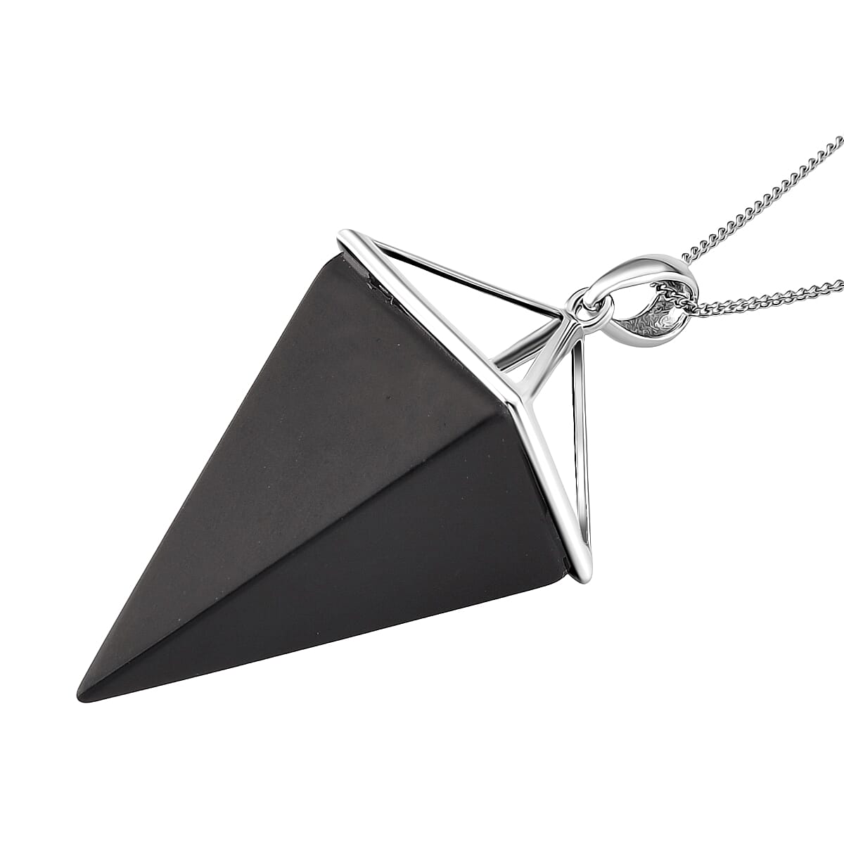 Natural Shungite Pyramid Design Pendant with Chain (Size 18) with Lobster Clasp in Rhodium Overlay Sterling Silver 44.11 Ct.