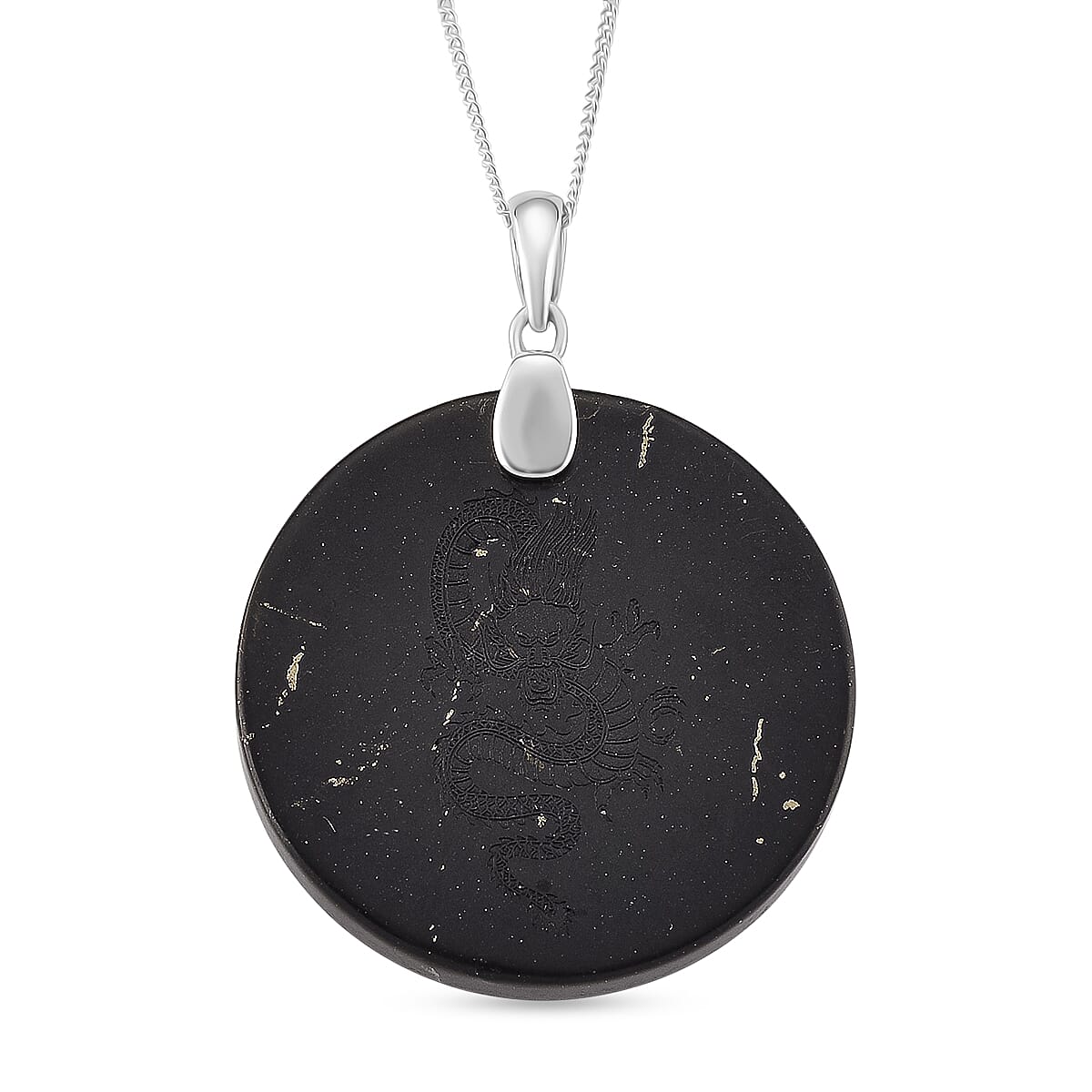 Natural Shungite Dragon Pendant with Chain (Size 18) in Rhodium Overlay Sterling Silver 56.12 Ct.