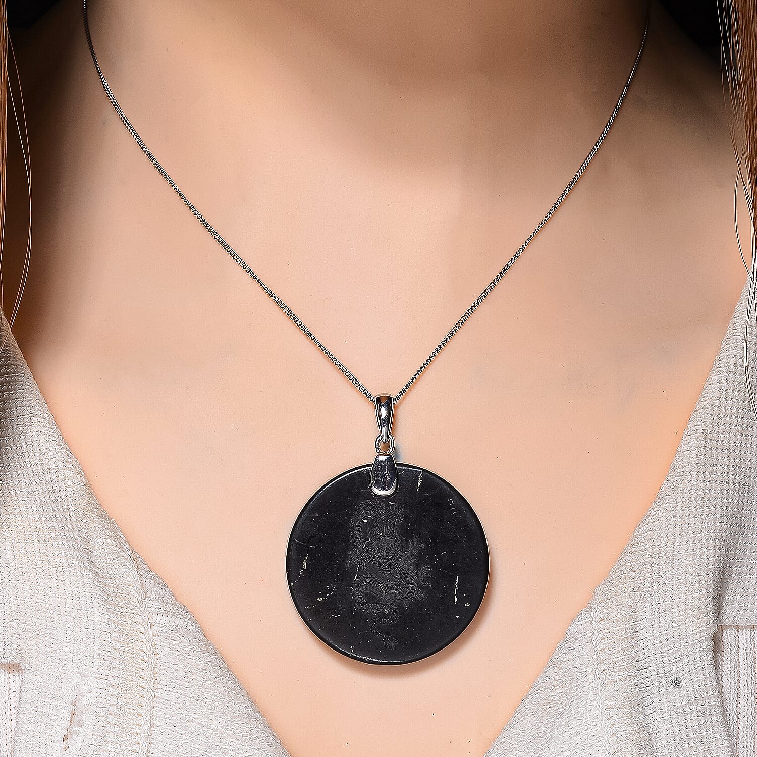 Natural Shungite Dragon Pendant with Chain (Size 18) in Rhodium Overlay Sterling Silver 56.12 Ct.