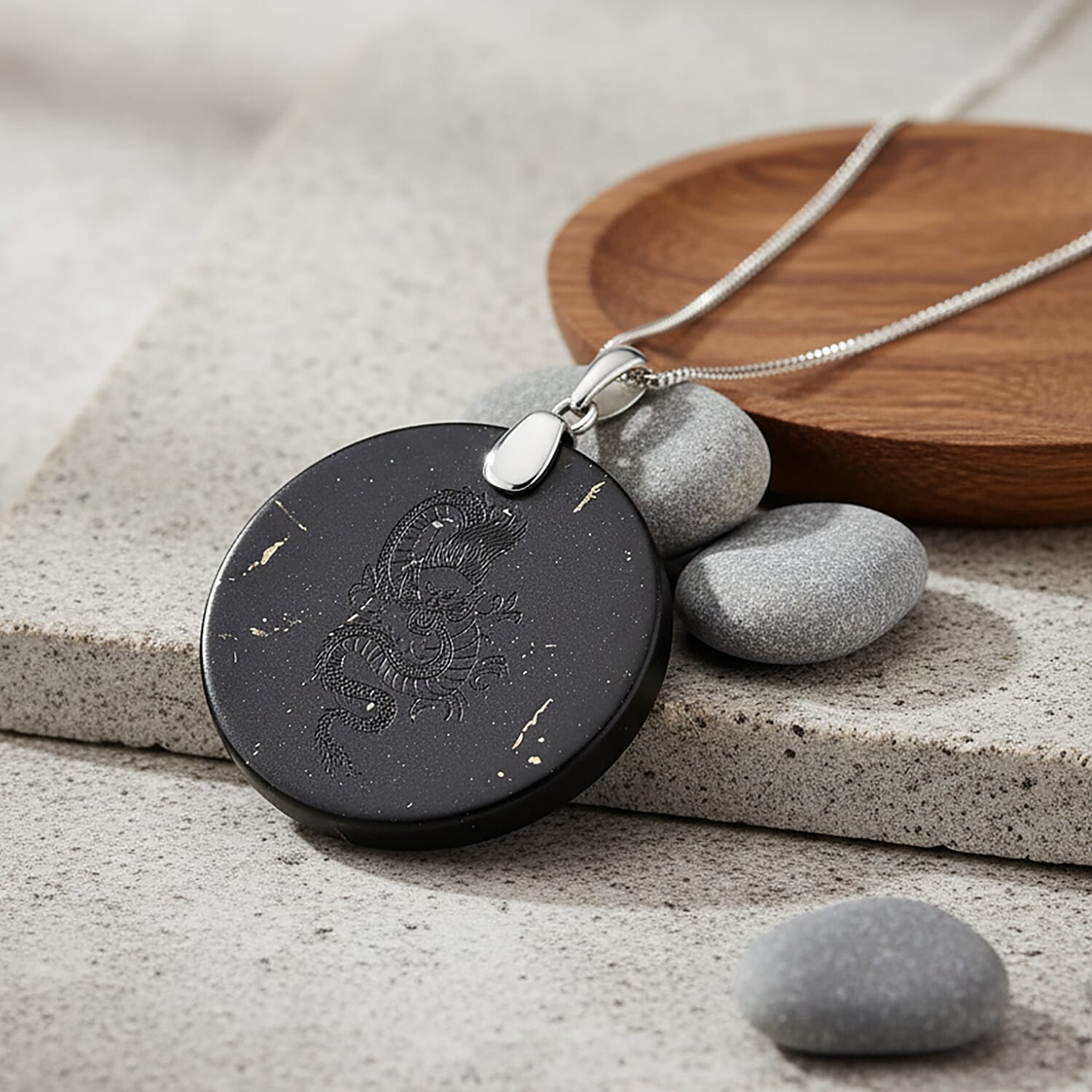 Natural Shungite Dragon Pendant with Chain (Size 18) in Rhodium Overlay Sterling Silver 56.12 Ct.