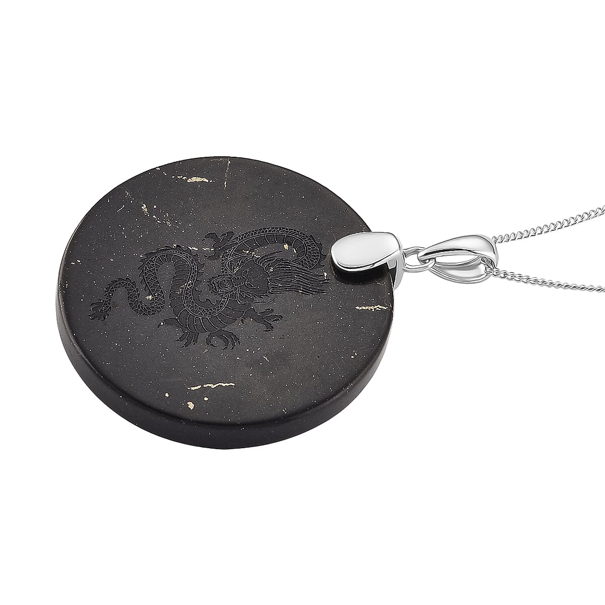 Natural Shungite Dragon Pendant with Chain (Size 18) in Rhodium Overlay Sterling Silver 56.12 Ct.
