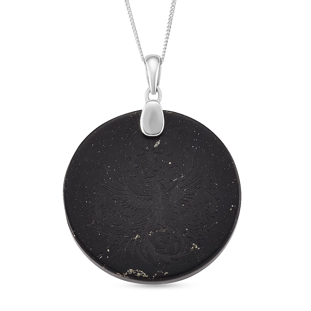 Natural Shungite Phoenix Pendant with Chain (Size 18) in Rhodium Overlay Sterling Silver 53.87 Ct.