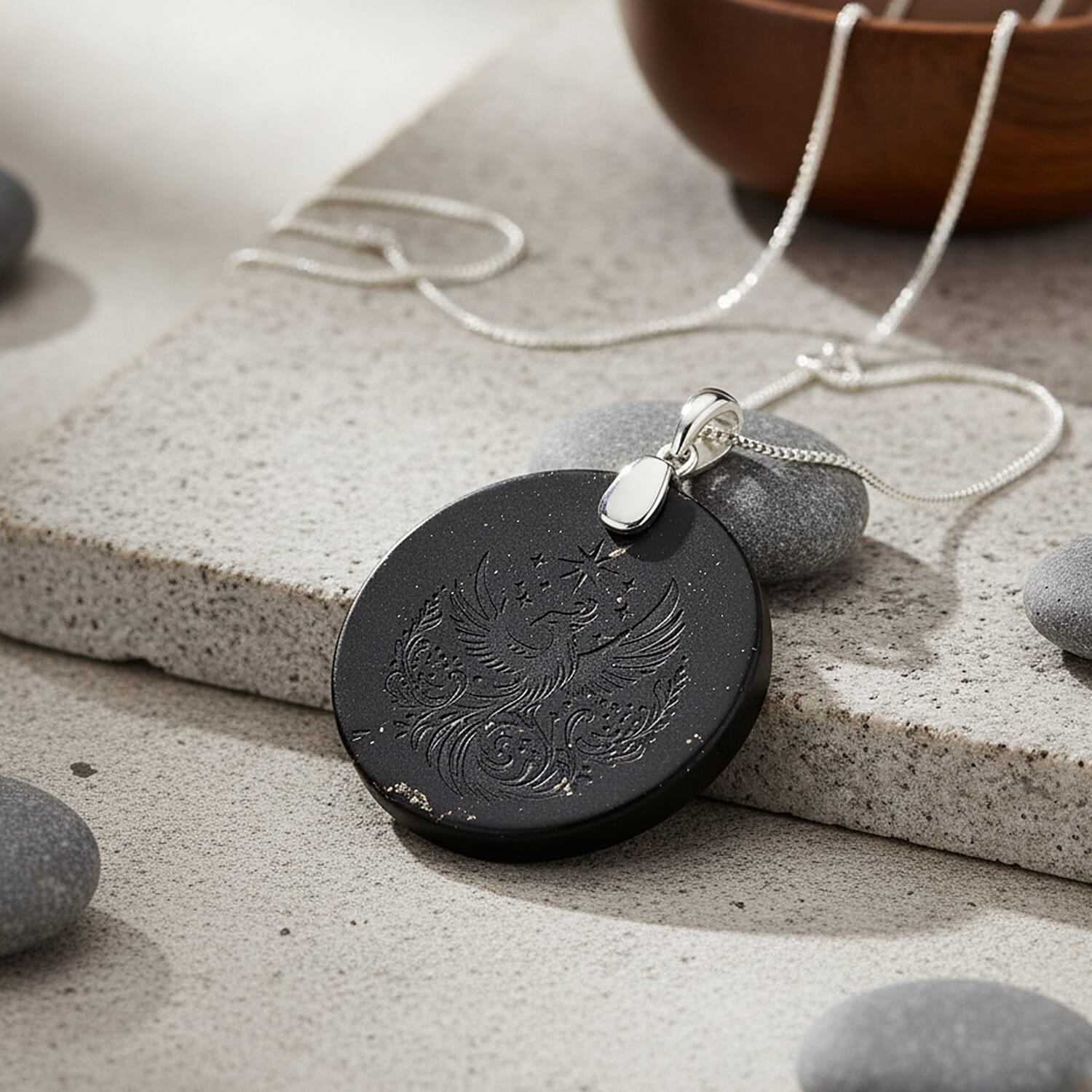 Natural Shungite Phoenix Pendant with Chain (Size 18) in Rhodium Overlay Sterling Silver 53.87 Ct.