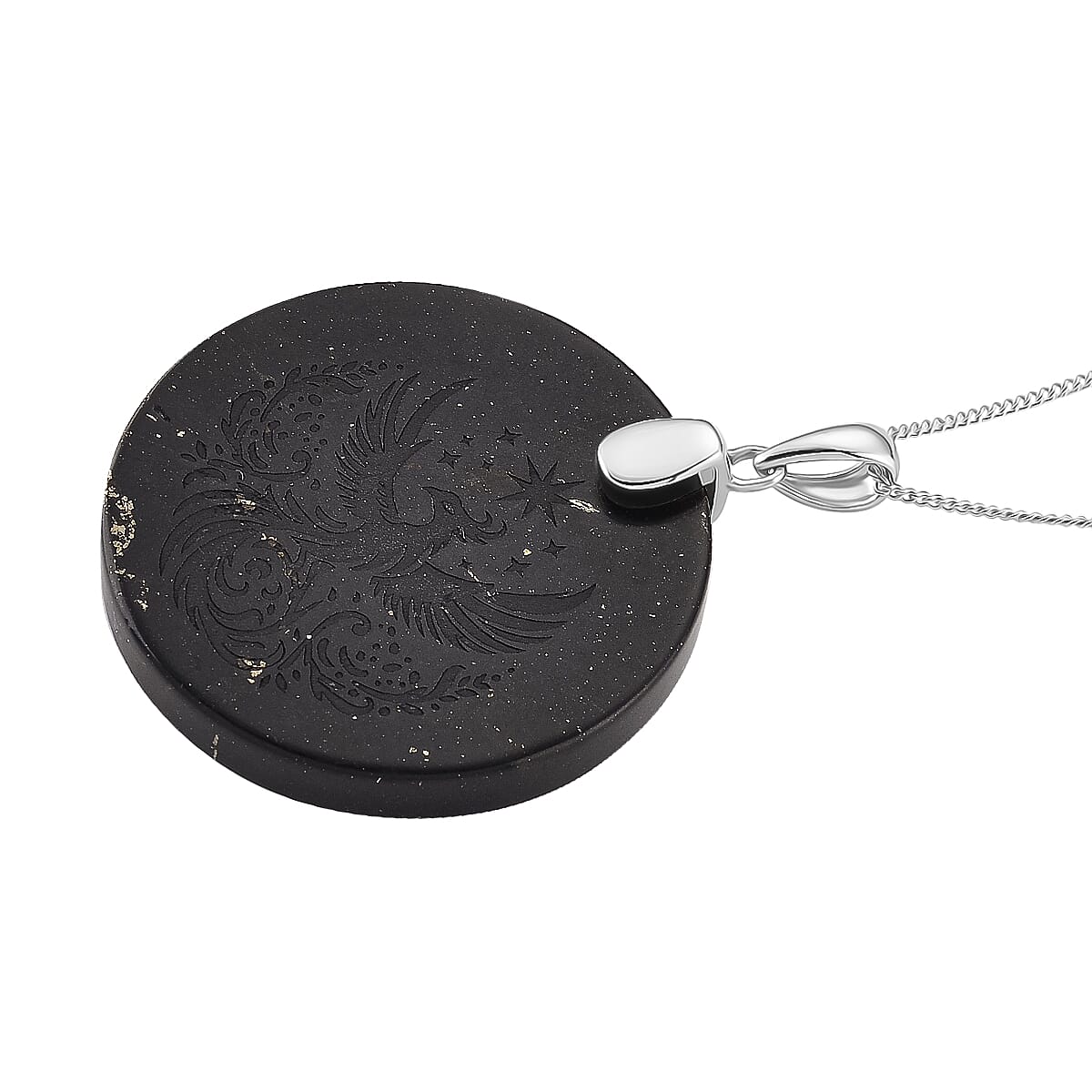 Natural Shungite Phoenix Pendant with Chain (Size 18) in Rhodium Overlay Sterling Silver 53.87 Ct.