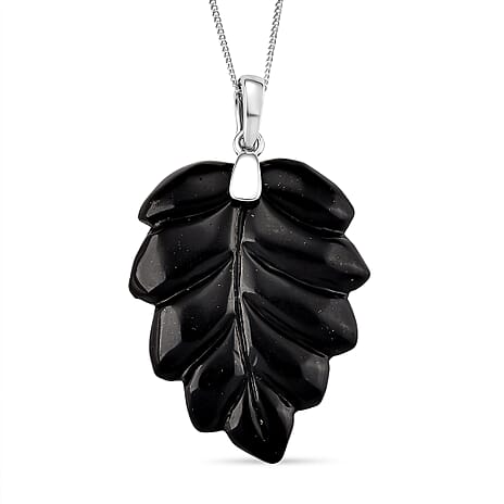 Natural Shungite Leaf Pendant with Chain (Size 18) with Lobster Clasp in Rhodium Overlay Sterling Silver 37.87 Ct.