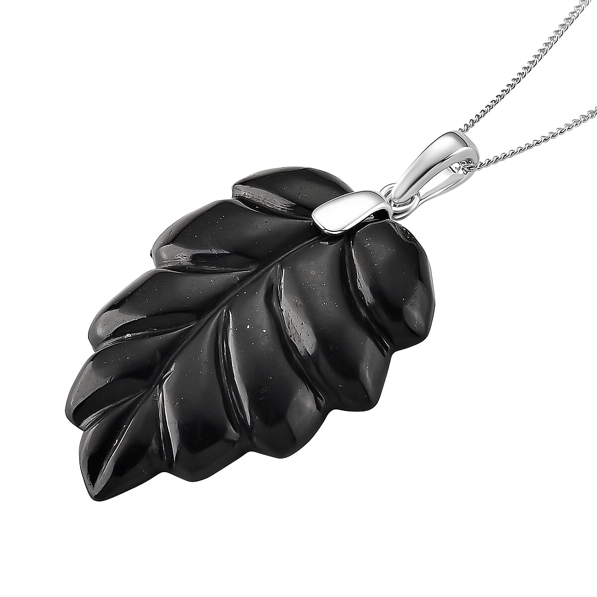 Natural Shungite Leaf Pendant with Chain (Size 18) with Lobster Clasp in Rhodium Overlay Sterling Silver 37.87 Ct.