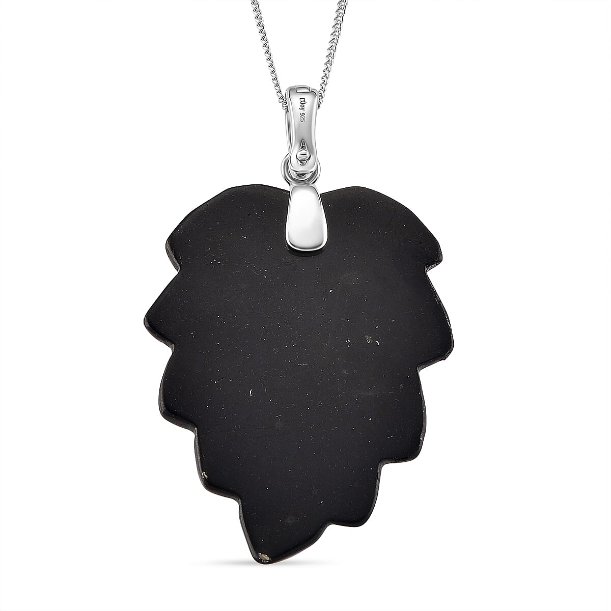 Natural Shungite Leaf Pendant with Chain (Size 18) with Lobster Clasp in Rhodium Overlay Sterling Silver 37.87 Ct.