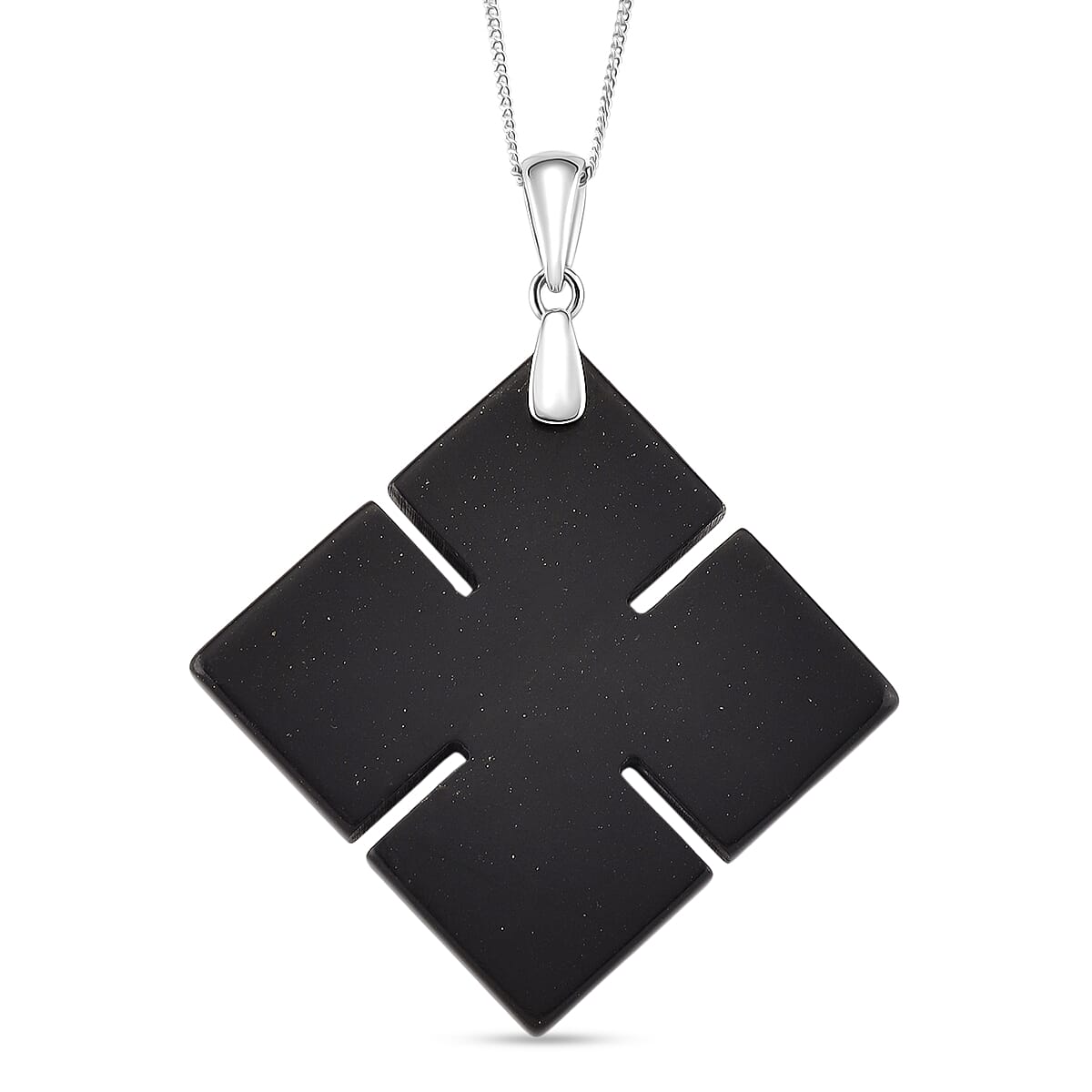 Natural Shungite Celtic Cross Pendant with Chain (Size 18) with Lobster Clasp in Rhodium Overlay Sterling Silver 64.90 Ct.
