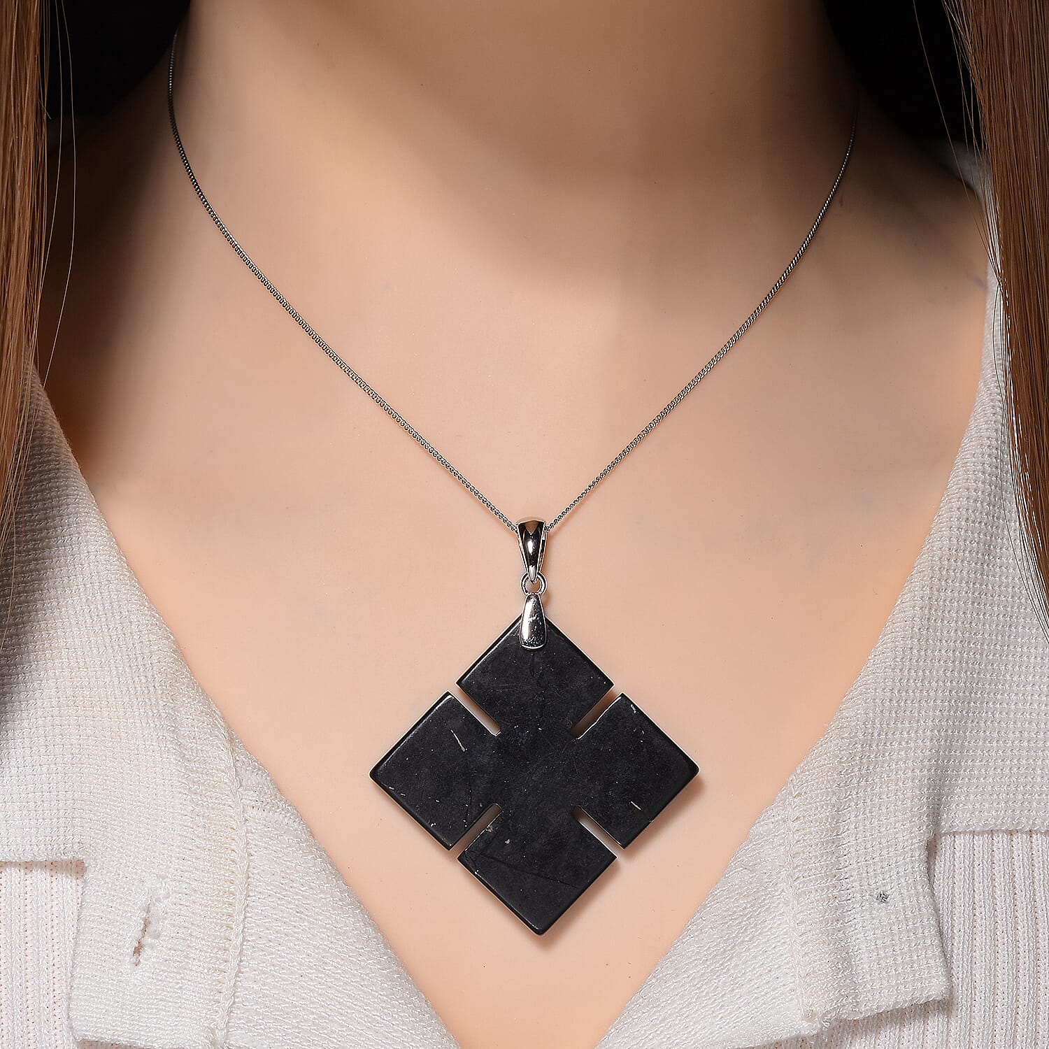 Natural Shungite Celtic Cross Pendant with Chain (Size 18) with Lobster Clasp in Rhodium Overlay Sterling Silver 64.90 Ct.