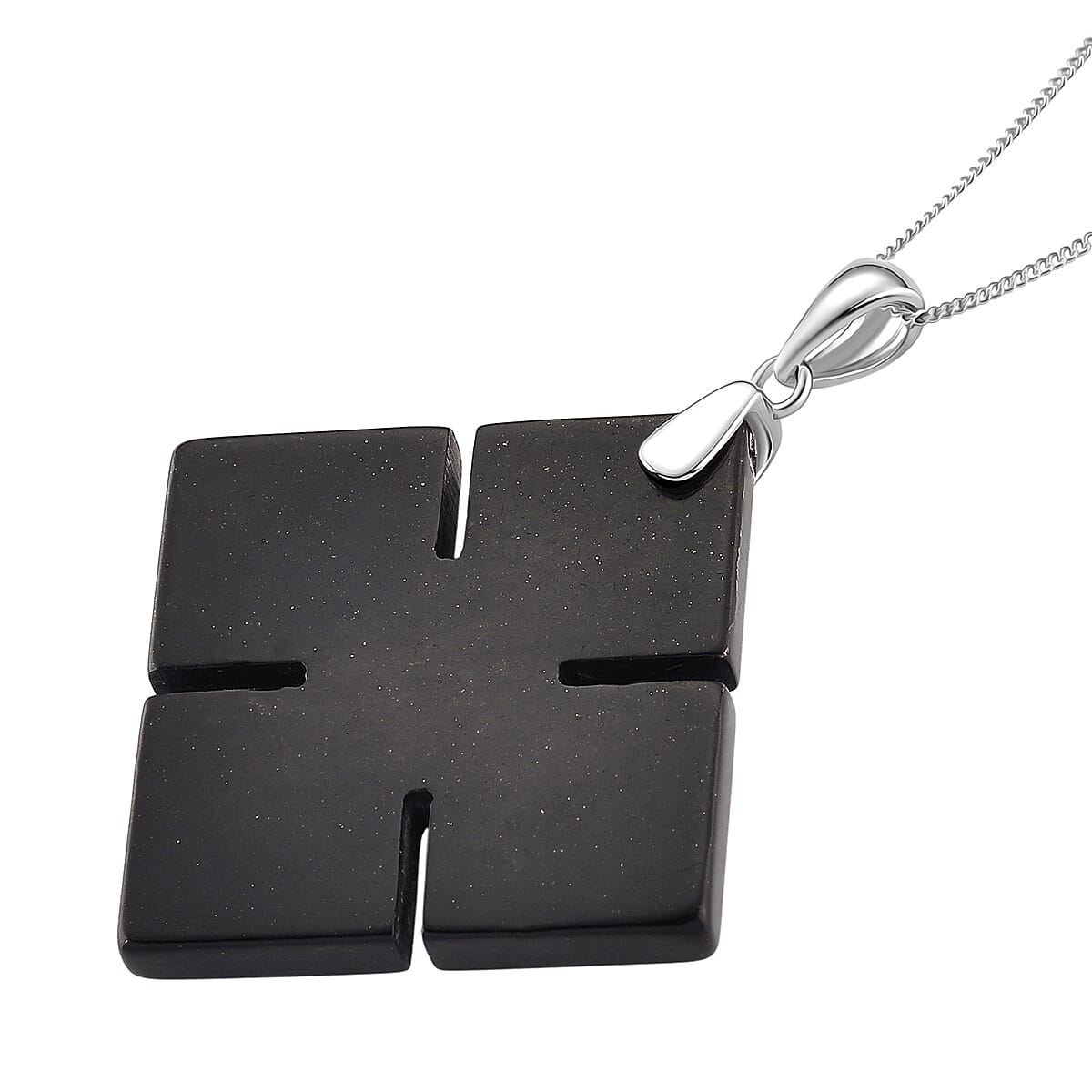 Natural Shungite Celtic Cross Pendant with Chain (Size 18) with Lobster Clasp in Rhodium Overlay Sterling Silver 64.90 Ct.