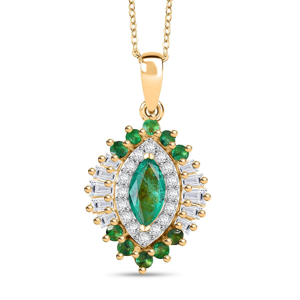 D'Joy Premium Emerald & Moissanite Pendant with Chain (Size 20) in 18K Vermeil Yellow Gold Plated Sterling Silver 1.41 Ct.
