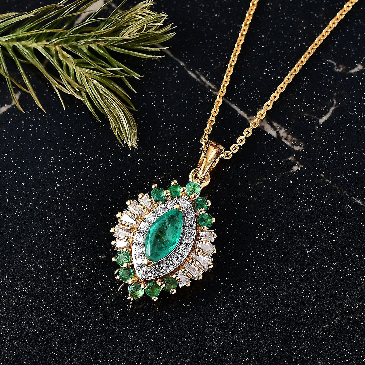 D'Joy Premium Emerald & Moissanite Pendant with Chain (Size 20) in 18K Vermeil Yellow Gold Plated Sterling Silver 1.41 Ct.
