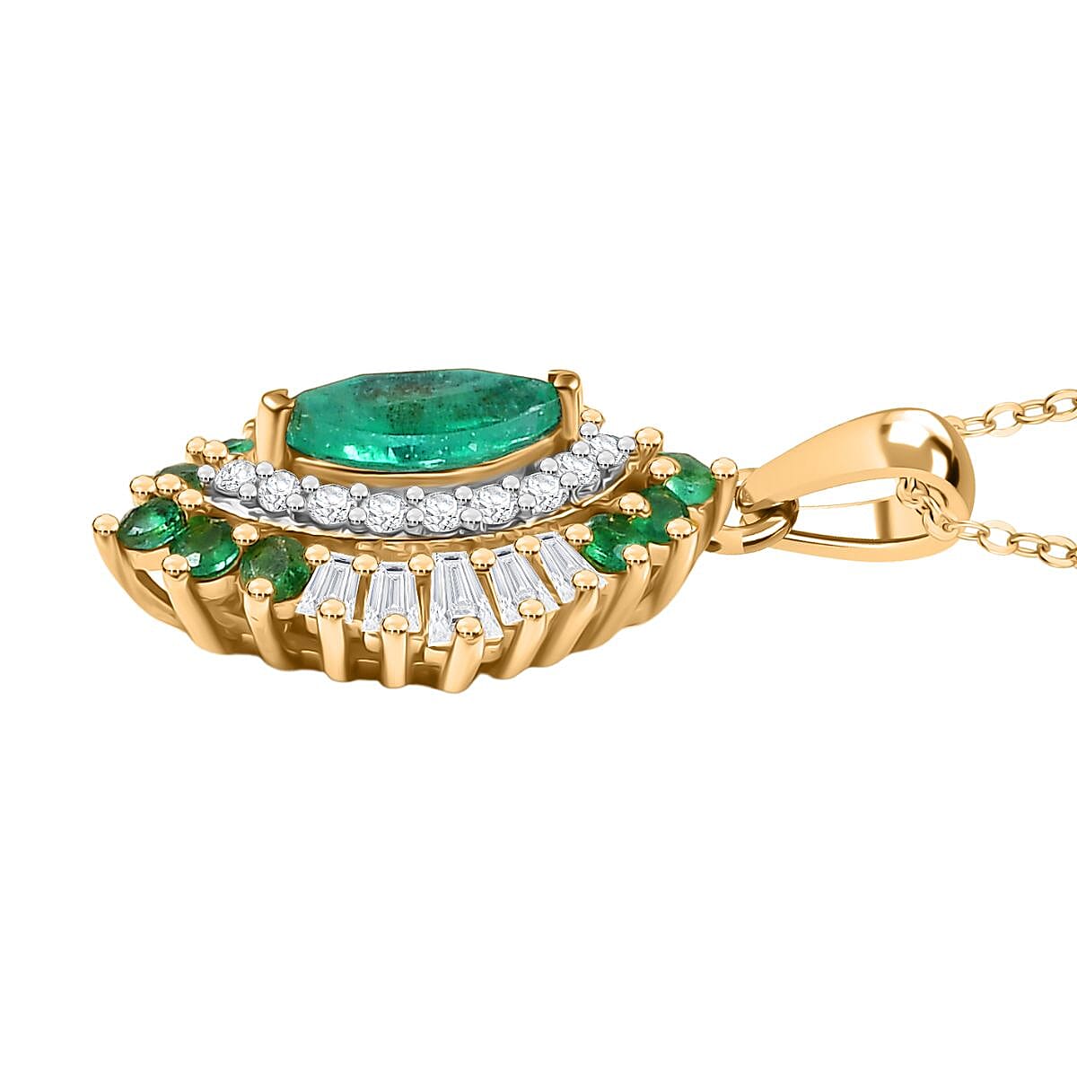 D'Joy Premium Emerald & Moissanite Pendant with Chain (Size 20) in 18K Vermeil Yellow Gold Plated Sterling Silver 1.41 Ct.