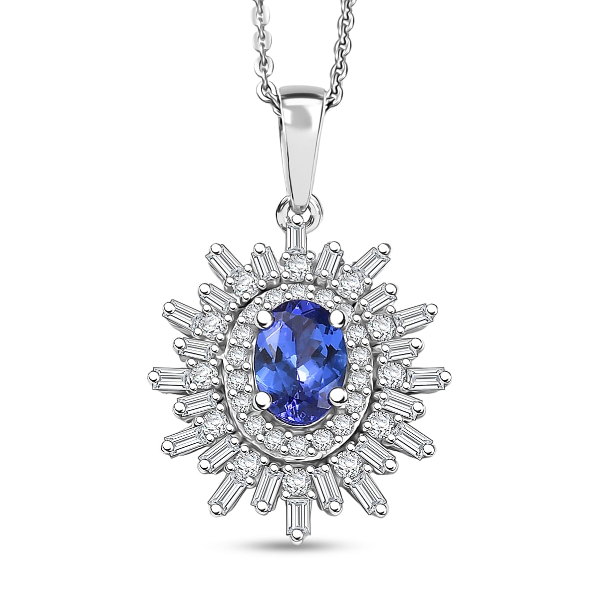 D'Joy Tanzanite & Moissanite Pendant with Chain (Size 20) in Rhodium Overlay Sterling Silver 1.39 Ct.