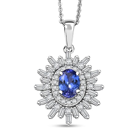 D'Joy Tanzanite, Moissanite Double Halo Pendant with Chain (Size 20) in Rhodium Overlay Sterling Silver 1.39 Ct.