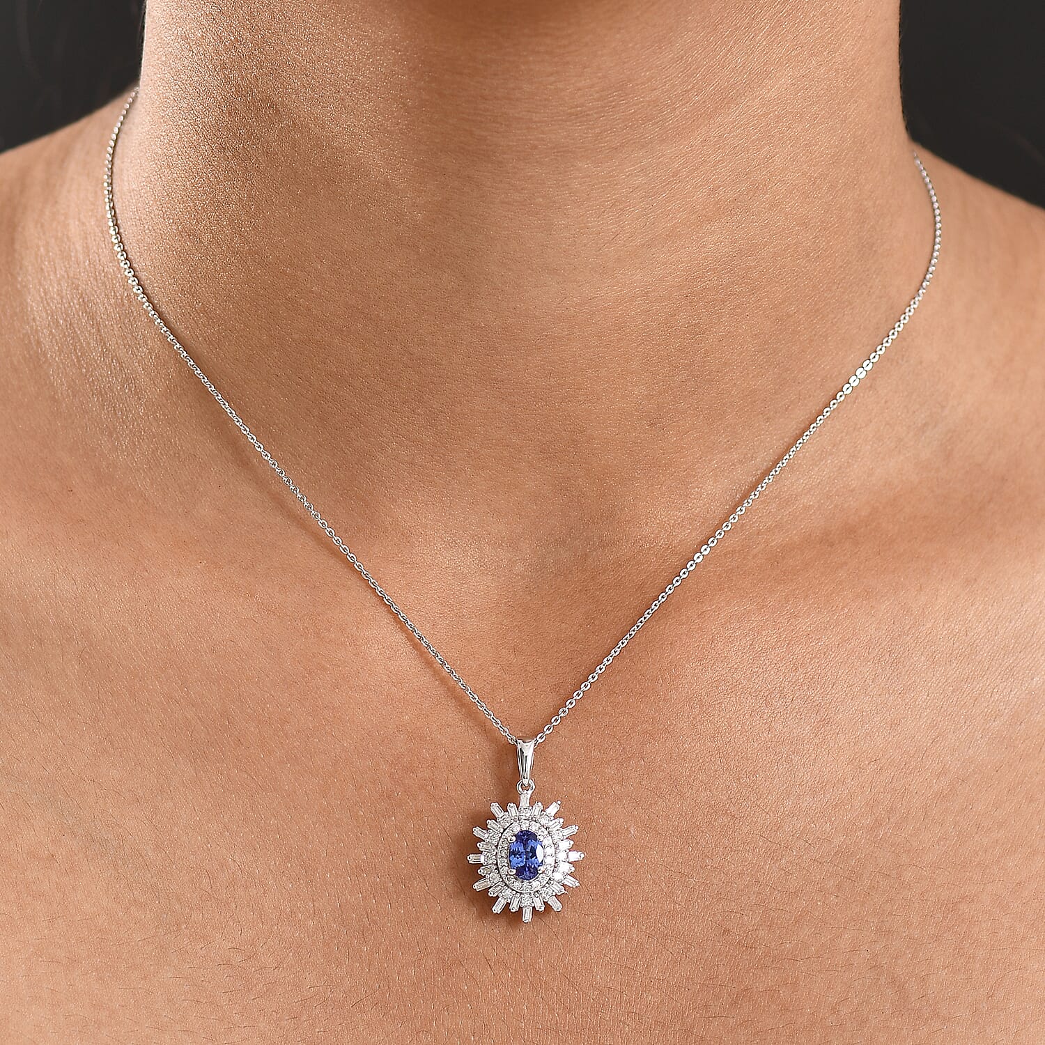 D'Joy Tanzanite & Moissanite Pendant with Chain (Size 20) in Rhodium Overlay Sterling Silver 1.39 Ct.