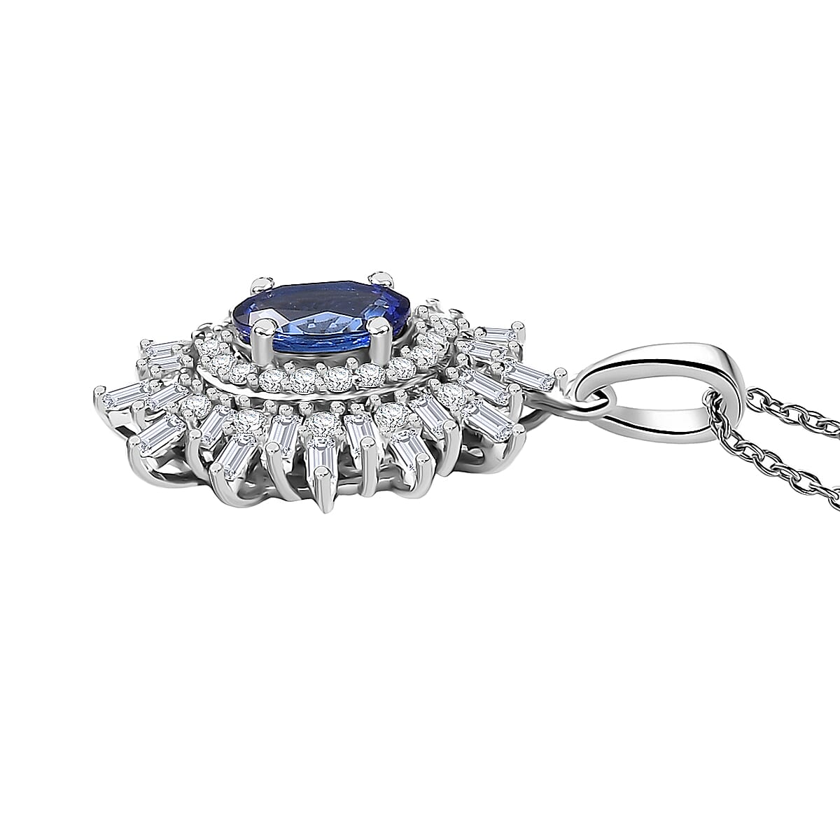 D'Joy Tanzanite & Moissanite Pendant with Chain (Size 20) in Rhodium Overlay Sterling Silver 1.39 Ct.