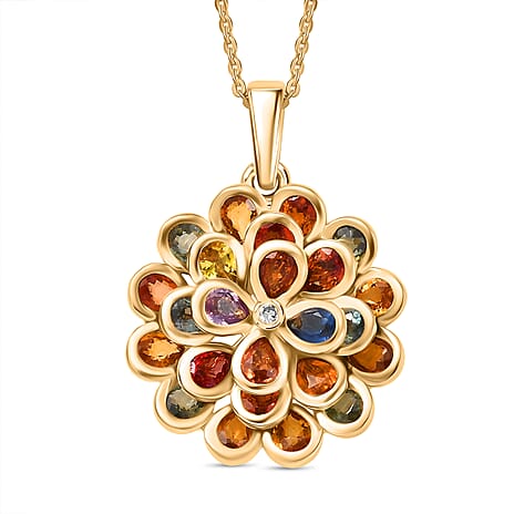 D'joy Rainbow Sapphire & Lab Grown Diamond (SI-GH) Pendant with Chain (Size 20) in 18K Vermeil Yellow Gold Plated Sterling Silver 5.05 Ct.