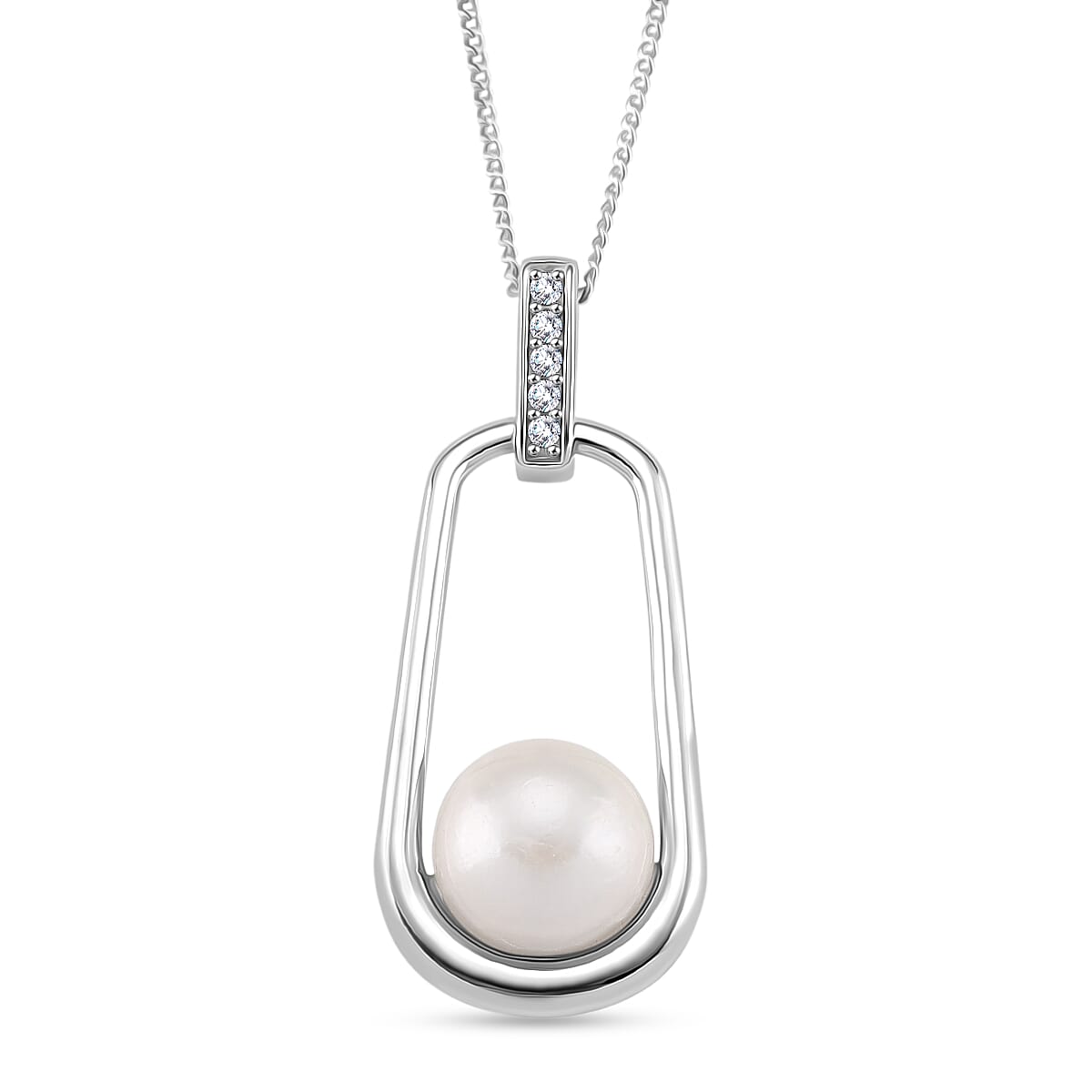 Edison Pearl & White Zircon Pendant with Chain (Size 18) Rhodium Overlay Sterling Silver 8.46 Ct.