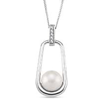 Edison Pearl & White Zircon Pendant with Chain (Size 18) Rhodium Overlay Sterling Silver 8.46 Ct.