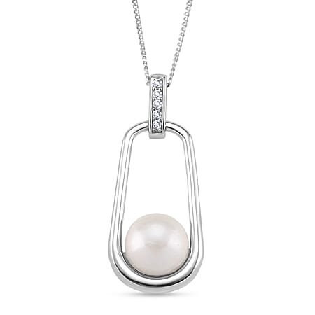 Edison Pearl & White Zircon Pendant with Chain (Size 18) Rhodium Overlay Sterling Silver 8.46 Ct.