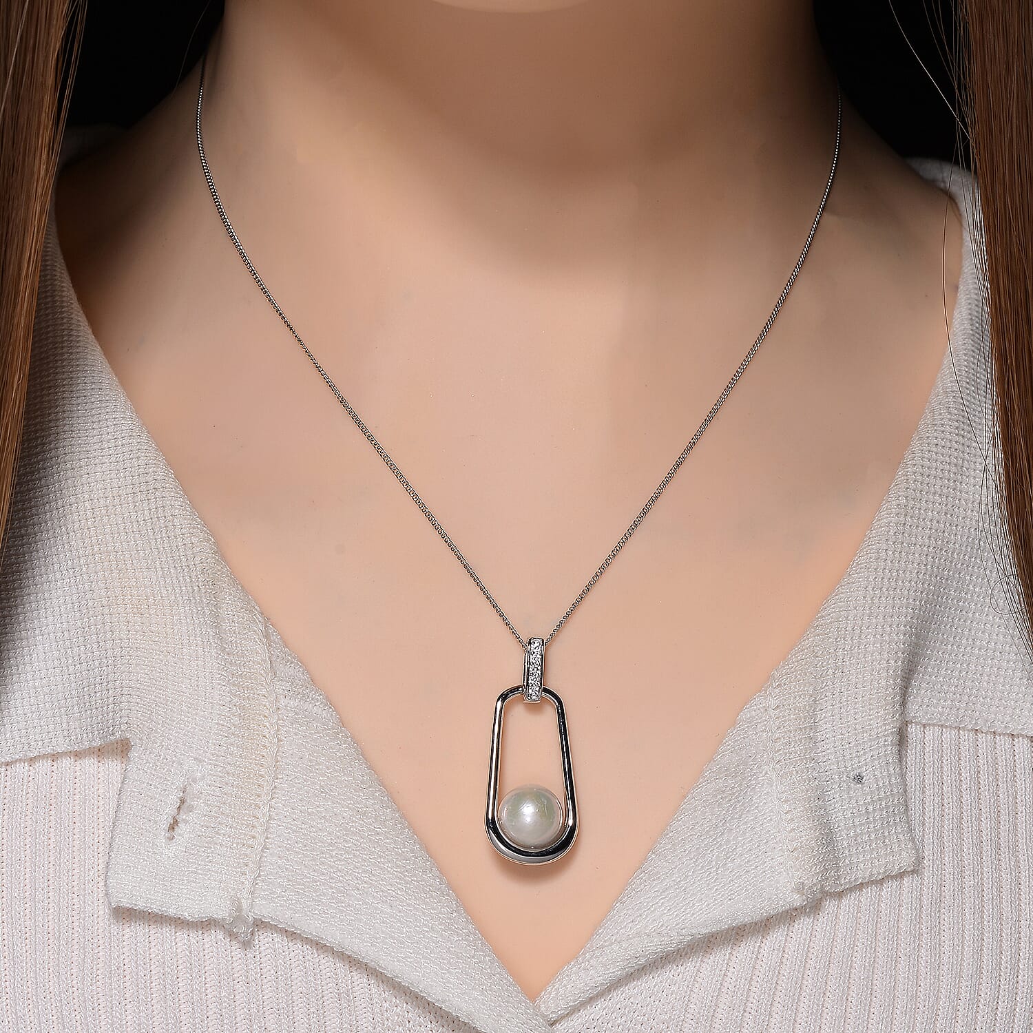 Edison Pearl & White Zircon Pendant with Chain (Size 18) Rhodium Overlay Sterling Silver 8.46 Ct.