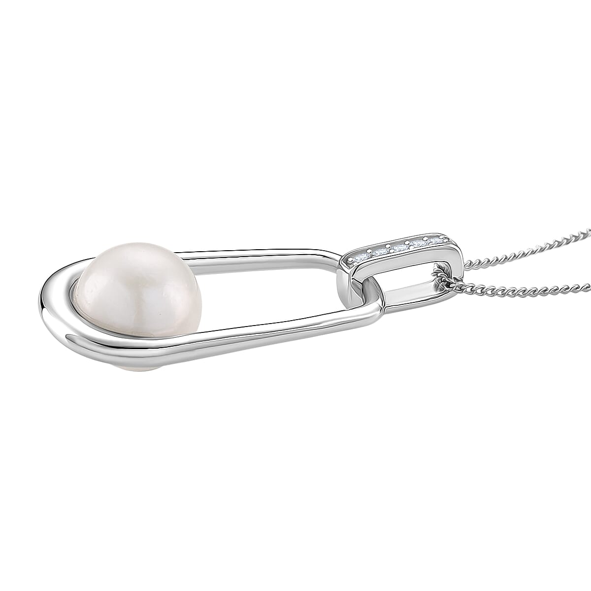 Edison Pearl & White Zircon Pendant with Chain (Size 18) Rhodium Overlay Sterling Silver 8.46 Ct.
